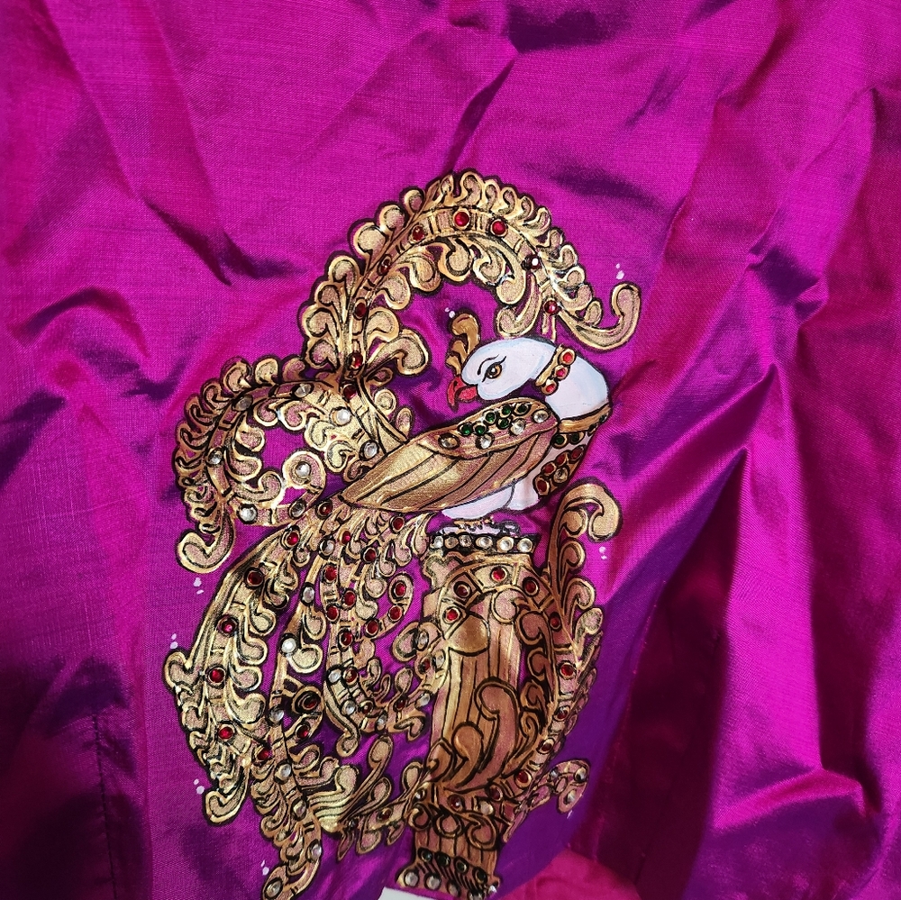 Hand painted silk blouse with padmalakshmi white swan peacock
